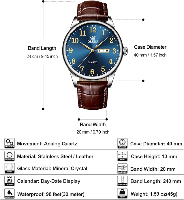Men's Casual Leather Watch, Easy to Read Three-Hand Analog Stainless Steel Watches for Men, Minimalist Day Date Waterproof Luminous Mens Quartz Wristwatch