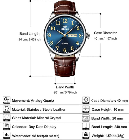 Men's Casual Leather Watch, Easy to Read Three-Hand Analog Stainless Steel Watches for Men, Minimalist Day Date Waterproof Luminous Mens Quartz Wristwatch