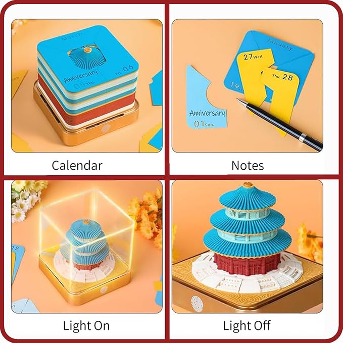 3D Time Piece Calendar 2026 DIY Calendars Tear Away Carving Art 3D Memo Pad Calendar With LED Lights sculpture artsy pads calendar notepad for Desktop Decor-Temple of Heaven