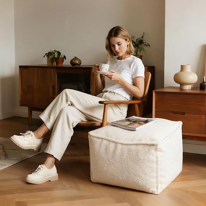 Square Boucle Pouf Ottoman Footrest – Soft & Lightweight Footstool with Foam Filling for Living Room & Bedroom, Laid-Back Lounge Style