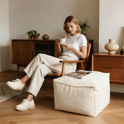 Square Boucle Pouf Ottoman Footrest – Soft & Lightweight Footstool with Foam Filling for Living Room & Bedroom, Laid-Back Lounge Style