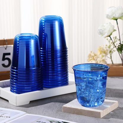 Disposable Stemless Glasses 12oz Crystal Plastic Wine Glasses Clear Classic Pet Cup for Meeting Weddings Birthdays Cocktail Christmas Party Supplies(Blue,50 Pcs)