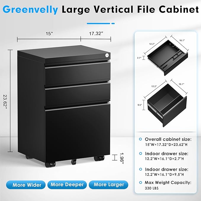 Greenvelly 3-Drawer Mobile File Cabinet with Locking Drawers & Wheels, Rolling Metal Filing Cabinet for Home Office, Lockable File Organizer Under Desk or Letter/Legal Files (Black)