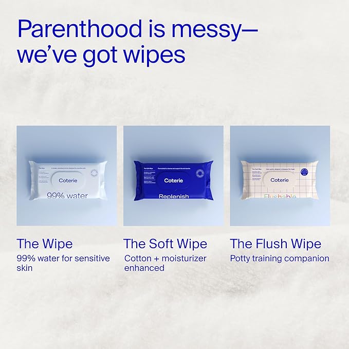 Coterie Flushable Wipes for Toddlers, Designed for Potty Training, Safe for Sensitive Skin, Hypoallergenic, 99% Water, Plant-Based, Fragrance Free, Sewer & Septic Safe, 12 Pack (448 Wipes)