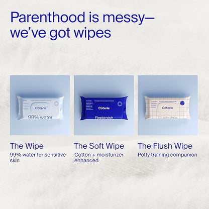 Coterie Flushable Wipes for Toddlers, Designed for Potty Training, Safe for Sensitive Skin, Hypoallergenic, 99% Water, Plant-Based, Fragrance Free, Sewer & Septic Safe, 12 Pack (448 Wipes)