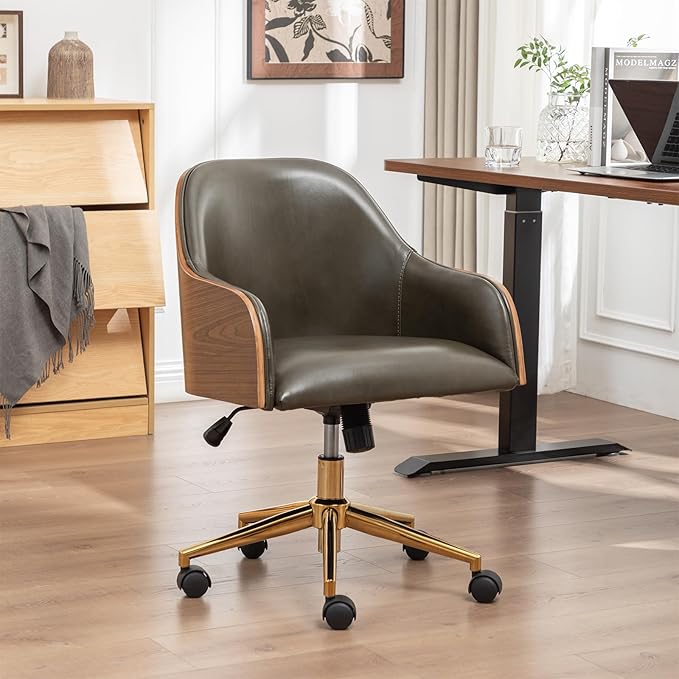 Genuine Leather Office Desk Chair, Adjustable Height Small Modern Comfortable Walnut Vanity Chair, Gold Legs Mid Back 360 Swivel for Home Office, Bedroom, Study, Meeting Room(Olive Green)