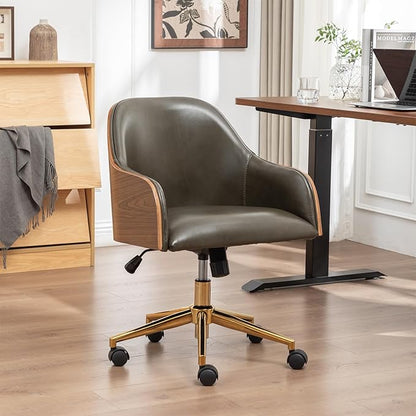 Genuine Leather Office Desk Chair, Adjustable Height Small Modern Comfortable Walnut Vanity Chair, Gold Legs Mid Back 360 Swivel for Home Office, Bedroom, Study, Meeting Room(Olive Green)