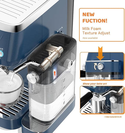 MAttinata Cappuccino Machine 20 Bar, Professional Espresso Machines for Home and Office with Automatic Milk Frothering System, Barista Compact Latte Maker for Coffee Lovers, Stainless Steel-Blue