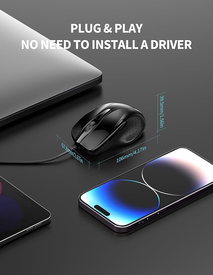 TECKNET USB Wired Mouse, 6-Button Corded Computer Mouse with 4 Adjustable DPI, Optical Computer Mice with Ergonomic Design and 5FT Cord for Laptop, Chromebook, PC, Desktop, Mac, Notebook-Black