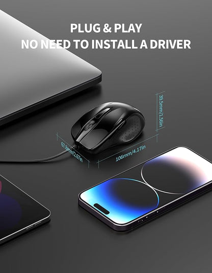 TECKNET USB Wired Mouse, 6-Button Corded Computer Mouse with 4 Adjustable DPI, Optical Computer Mice with Ergonomic Design and 5FT Cord for Laptop, Chromebook, PC, Desktop, Mac, Notebook-Black
