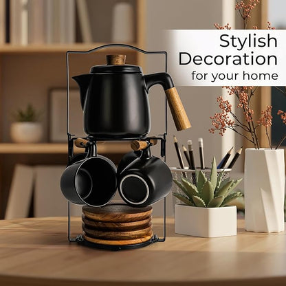 MIAMIO – 34 Oz Ceramic Tea Pot Set with Infuser and Cups/Tea Strainer, 4 Ceramic Tea Mugs (10 Oz), Bamboo Saucers/Handle for Home and Office (Black)
