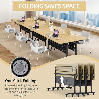 Conference Table Folding Conference Room Tables, Modern Mobile Meeting Training Table with Silent Wheels, Foldable Seminar Table for Offices, Classrooms, Libraries (10, Maple, 55.1in)