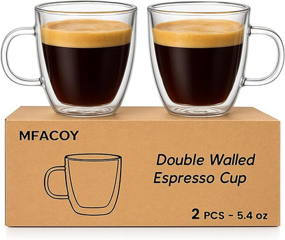 Mfacoy Glass Double Wall Insulated Espresso Cups (Set of 2), 5.4 oz Shots Cup with Handle, Insulated Glasses Mugs, Small Coffee Cups, Shot Glass