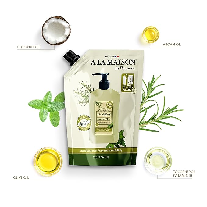 A LA MAISON French Liquid Hand Soap Eco-Friendly Refill Pouch, Rosemary MInt - Natural Hand Wash Made with Essential Oils - Biodegradable, Plant-Based, Vegan, Alcohol & Paraben Free (33.8 oz, 1 Pack)