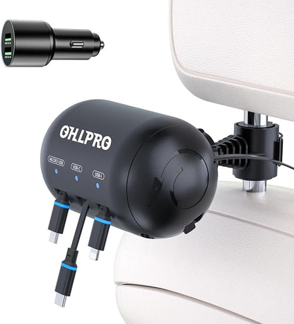 OHLPRO 3-in-1 Retractable Backseat Car Charging Station, 36W Fast Car Charger for All Phones (iPhone, Samsung), Ideal for Lyft, Turo, Uber, Taxi, Rideshare, Customer Charging Dock Attach to Headrest