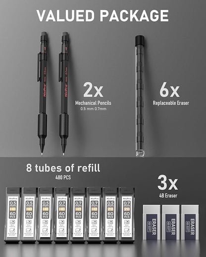 Nicpro 0.5 mm & 0.7 mm Mechanical Pencil Set with Case, MP2000 Metal Artist Mechanical Pencil With 6 Tube HB 2B Lead Refills, Eraser, Weatherproof Barrel for Outdoor Writing Drafting Sketching