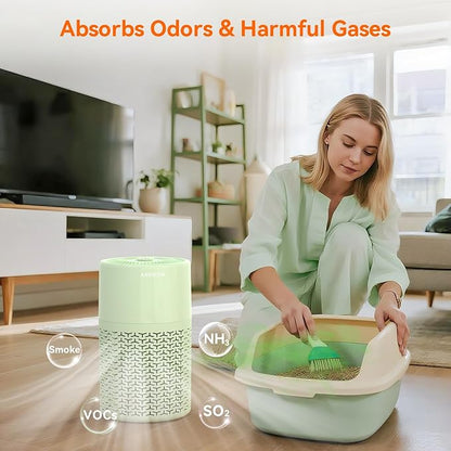 AIRROMI Pets Air Purifier for Home Allergies,Up to 660 ft².Yellow Deodorizing Activated Carbon Filter,With Fragrance Sponge for Better Sleep,Night Light,Pet Dander,Smoke,Odors,Air Cleaner A2002 Green