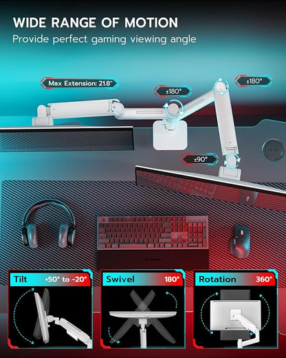 ARES WING Dual Monitor Mount for 17-49 Inch Ultrawide Heavy Duty Curved Screen Stacking, Computer Monitor Arm Desk Mount with USB, Gas Spring Adjustable Vesa Stand, White