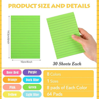 Yexiya 64 Pcs Lined Sticky Notes Self Stick Notes with Lines Bright Assorted Colors Sticky Pad for Home Office Products Post Memos, 1920 Sheets(4 x 6 Inch,Classic Color)
