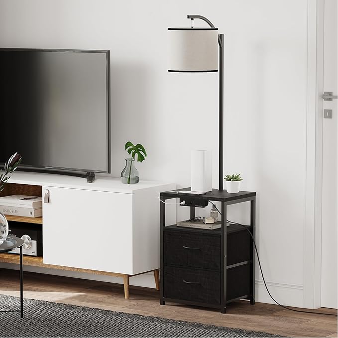 SUNMORY Floor Lamp with Table & 2 Drawers, Lamp with USB Port and Outlet, Lamps for Nightstand with 3 Color Temperature Led Bulb Included, Floor Lamps for Living Room, Bedroom and Home Office, Black