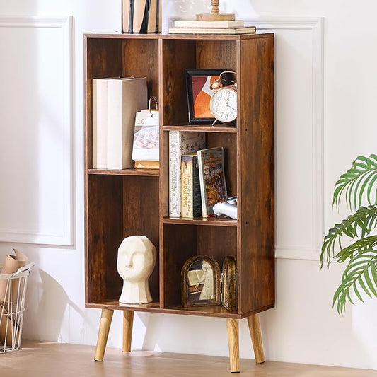 LEYAOYAO 5 Cube Small Bookshelf,3 Tier Mid-Century Bookcase with Legs,Wood Bookshelves Storage Organizer Shelf,Narrow Book Shelves,Brown Bookcases