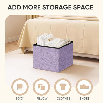 PINPLUS Storage Ottoman Cube Ottoman Foot Rest,Small Foldable Portable Boucle Upholstered Sherpa Ottomans, Faux Teddy Fur, Purple 16.5"x12.6"x12.6"