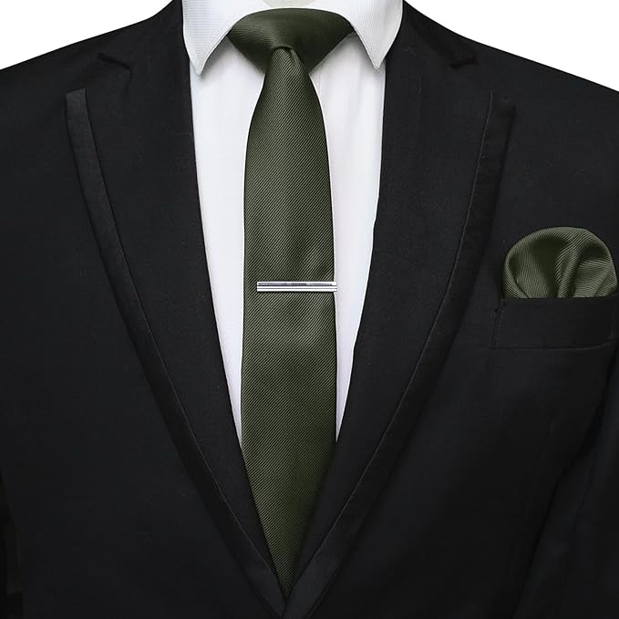JEMYGINS 2.4" Solid Color Skinny Tie and Pocket Square with Tie Clip Sets for Men (6cm)
