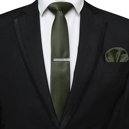 JEMYGINS 2.4" Solid Color Skinny Tie and Pocket Square with Tie Clip Sets for Men (6cm)