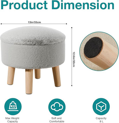 Poofzy Small Ottoman with Storage, Small Foot Stool Ottoman with Wood Legs, Faux Fur Foot Rest for Couch, Living Room and Bedroom - Smog Gray