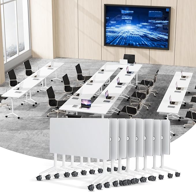 Conference Table, Foldable Conference Room Tables with Silent Wheels, Folding Modular Seminar Meeting Tables, Modern Rectangle Training Table for Office, Boardroom (8, White, 70.8)