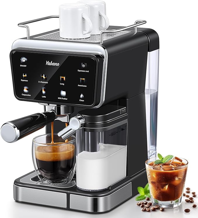 Yabano Espresso Machine with LED Touch Screen, 20 Bar Pressure & Automatic Milk Frother, 1.5L Water Tank, for Cappuccino, Americano & Latte, 1350W