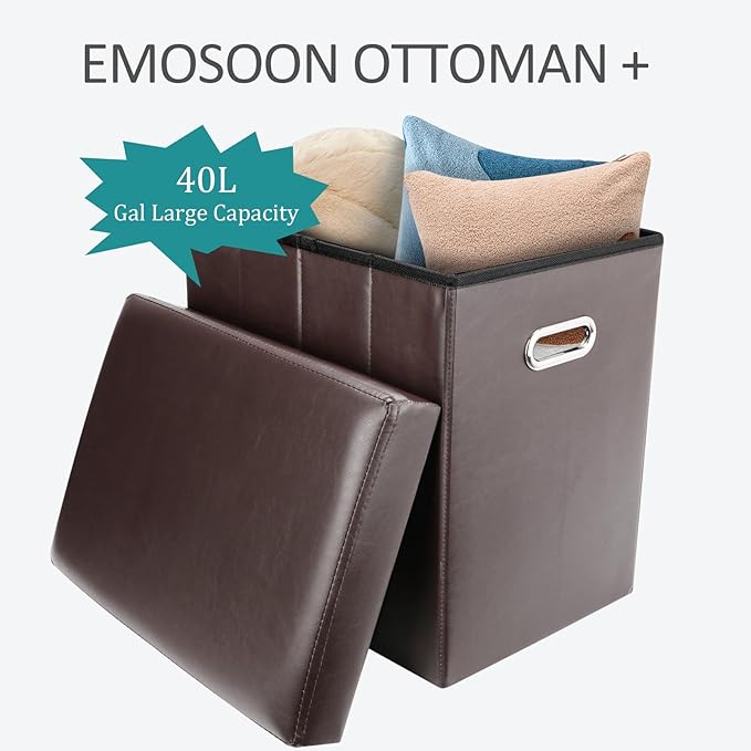 Tall Ottoman with Storage, Faux Leather Collapsible Slim Folding Ottoman Furniture with Handles Lid for Room Footrest Foot Stool, Brown 16.5x16.5x11.8in