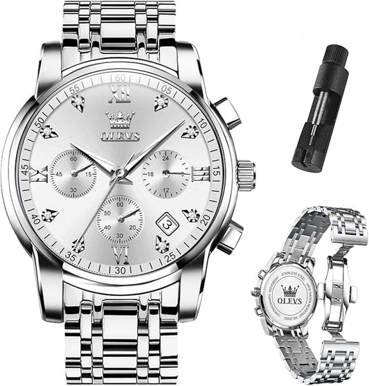OLEVS Men's Luxury Watch Waterproof Luminous Easy Read Chronograph Watches Full Gold/White Dail/Black Face with Calendar Wristwatch