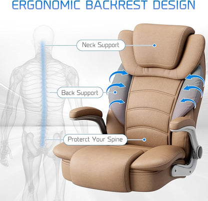 GYI Big and Tall Office Chair 400lb Wide Seat, Ergonomic High Back Leather Executive Desk Chair with Flip-up Arms, Brown