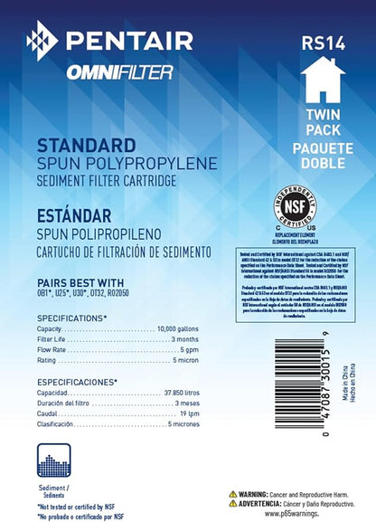 Pentair OMNIFilter RS14 Sediment Water Filter, 10-Inch, Standard Whole House Polypropylene Spun Sediment Replacement Filter Cartridge, 10" x 2.5", 10 Micron, Pack of 2