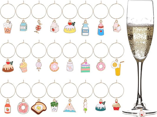 Junkin 24 Pcs Wine Glass Charms Markers Tags for Stem Glasses Drink Markers Wine Charm Ring Identifier for Wedding Bachelorette Tasting Holiday Party Favor Decoration (Dessert Style)