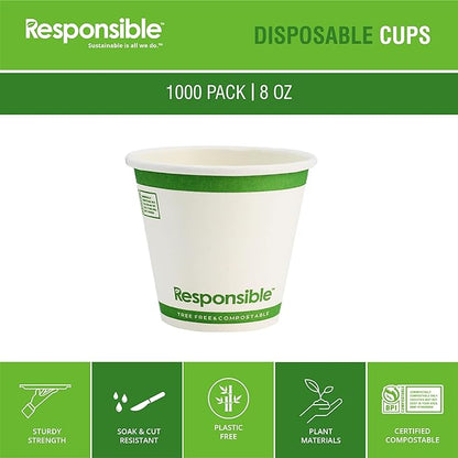 Responsible Products 8 oz Paper Hot Cups (Squat), Tree-Less™ Compostable Paper Coffee Cups, Extra Strength, Tree-Free and Made Without PFAS, White (1000 Count)