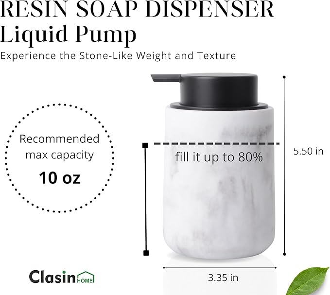 Resin Hand Soap Dispenser Easy-to-Press Liquid Pump, Refillable Soap Dispenser with White Marble Look, Waterproof Bottle Labels for Bathroom Kitchen Dish Lotion (White, 10 oz)