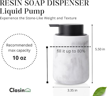 Resin Hand Soap Dispenser Easy-to-Press Liquid Pump, Refillable Soap Dispenser with White Marble Look, Waterproof Bottle Labels for Bathroom Kitchen Dish Lotion (White, 10 oz)