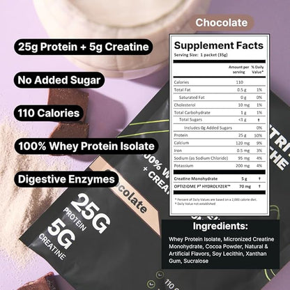 Nutrition On The Go Whey Protein Isolate Packets with Creatine – 25g Protein + 5g Creatine – Single-Serve Travel Protein Powder – Chocolate (6-Pack)