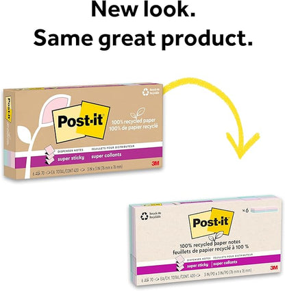 Post-it Super Sticky 100% Recycled Pop-up Notes, 3 in. x 3 in., 70 Sheets, 6 Pads, Wanderlust Collection, School Supplies and Office Products