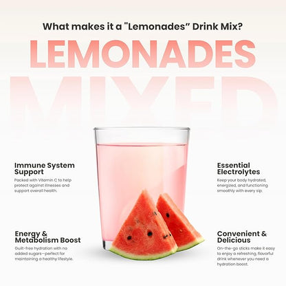 310 Nutrition Electrolyte Lemonade Powder No Sugar - Watermelon Water Flavoring Packets - Hydration & Energy Drink Mix - Zero Sugar, Low Calorie Water Enhancer - 30 Singles - Made in The USA