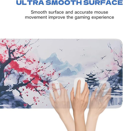 Large Sakura Mouse Pad, Japanese Cherry Blossom Desk Mat, Pink Extended Non-Slip Keyboard Mouse Pad Waterproof Office Desk Pad 23.6"x11.8" Anime Mouse Pads Desktop Protector for Office Home