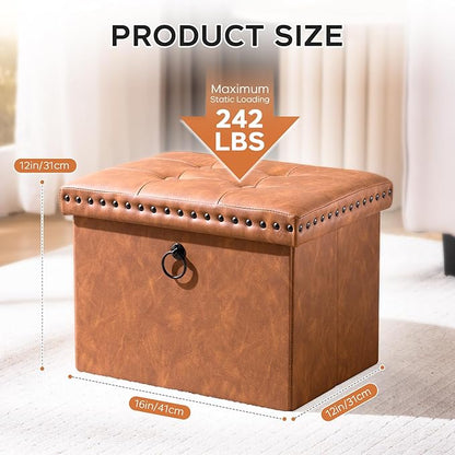 Folding Storage Ottoman 16in, Small Faux Leather Foot Rest Stool with Button Tufted Rivet Design, Footstool Bench, Ottoman with Storage for Living Room Bedroom Coffee Table 242 lbs, Brown
