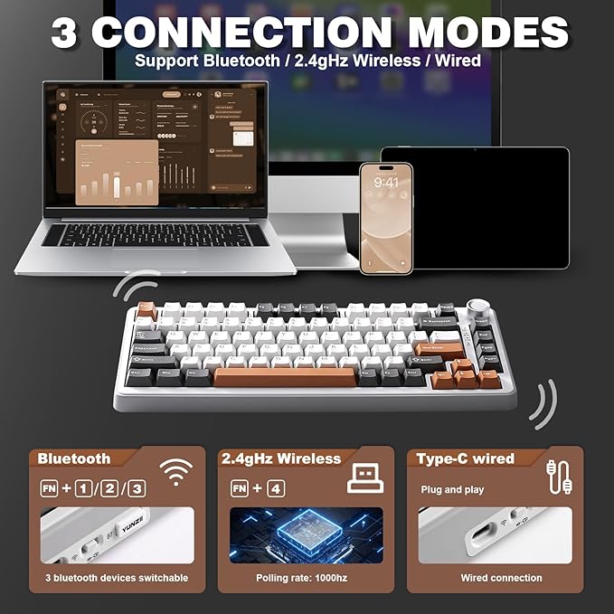 YUNZII B75 PRO Wireless Mechanical Keyboard,75% Layout with Knob,Hot Swap Gasket Custom Structure,Creamy Pre-lubed Switches,RGB Backlit,Bluetooth/Type-C/2.4G for Win/Mac(Cocoa Cream V2 Switch,Grey)