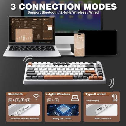 YUNZII B75 PRO Wireless Mechanical Keyboard,75% Layout with Knob,Hot Swap Gasket Custom Structure,Creamy Pre-lubed Switches,RGB Backlit,Bluetooth/Type-C/2.4G for Win/Mac(Cocoa Cream V2 Switch,Grey)