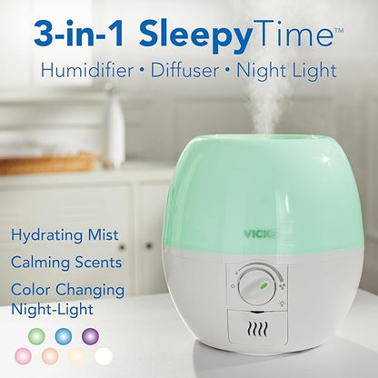 Vicks Humidifier 3-in-1 SleepyTime Cool Mist Humidifier for Baby & Kids Rooms with Color Changing Night Light and Essential Oil Diffuser, White