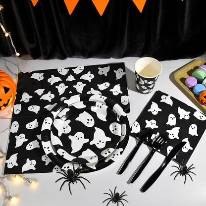 Halloween Disposable Party Tableware for 25 Guests,175pcs Disposable Tableware Set, Including Paper Plates,Paper Cups ,Knives, Forks, Spoons, Suitable for Party Supplies, Birthday Decorations，Black