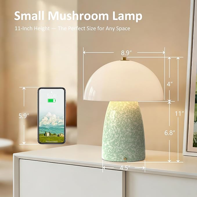 11" Mushroom Table Lamp, Small Ceramic Desk Bedside Lamp with Touch Control 3-Way Dimmable & Glass Shade, Modern Nightstand Lamp for Living Room Bedroom Home Office Crackle Texture Decor-Green