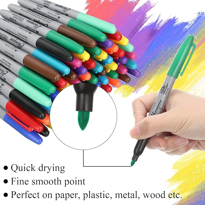 Teling 288 Pcs 12 Colors Permanent Markers Fine Colored Markers Assorted Colors Marker Pens Waterproof Works on Paper, Plastic, Wood, Metal and Glass for Adult Coloring Doodling